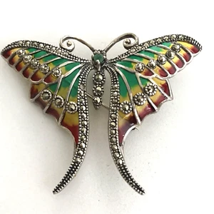 Sterling Silver Plique A Jour Butterfly Insect 925 Marcasite Pendant Brooch Pin - Picture 1 of 16