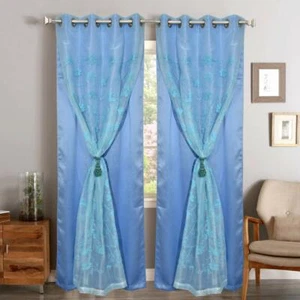Set of 2 JVIN FAB Cotton Double Curtain, 9 Ft, Sky Blue - Picture 1 of 7