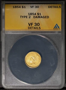 1854 $1 Gold Indian Princess Type 2 VF 30 Details ANACS # 4138567 + Bonus - Picture 1 of 2