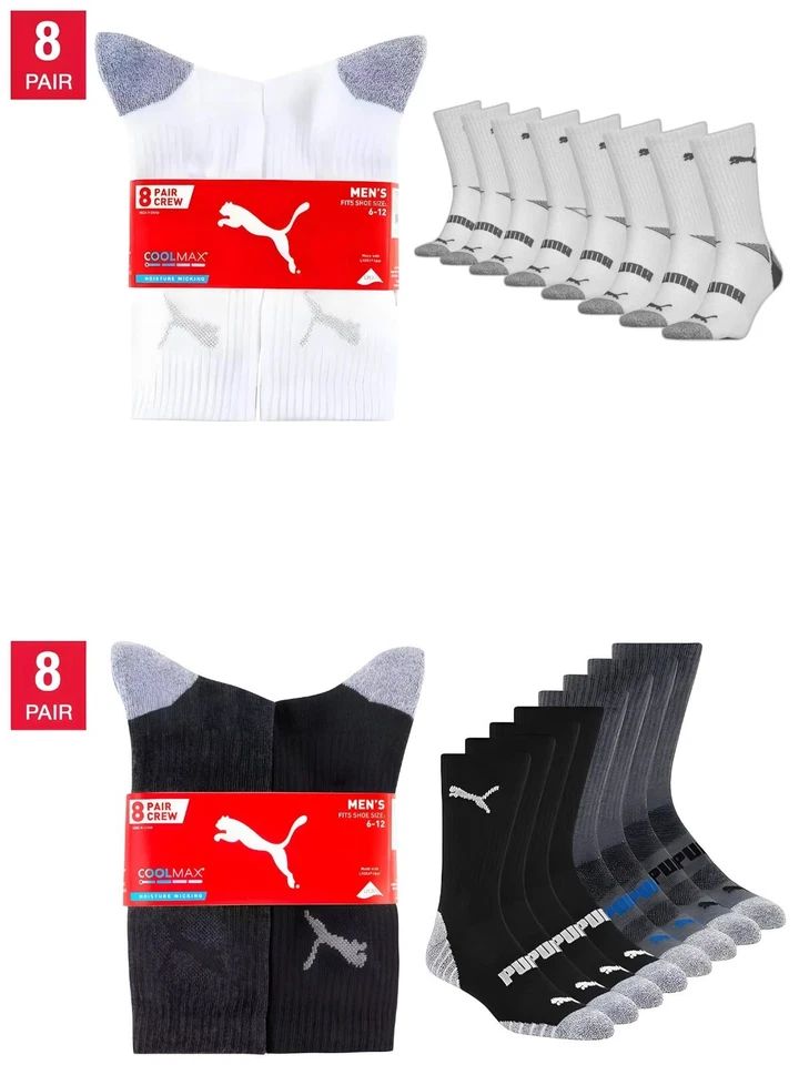Men's Puma Cool Max Moisture Wicking Athletic Crew Socks, 8 Pair, Fits Size 6-12 - Image 1 of 1