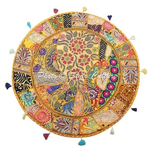 Ottoman Round Pouf Vintage Patchwork Floor Cushion Yellow Floor Pillow Cover - Picture 1 of 6