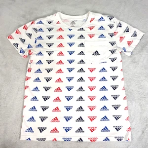 Adidas Shirt Youth Large White All Over Print Cotton Crew Neck Short Sleeve * - Picture 1 of 11
