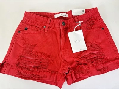 KanCan Jean Shorts Size XS Red Denim Distressed Mid Rise New With Tags - Image 1 of 4