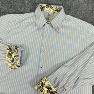 Robert Graham gelb blau gestreift Paisley Flip Manschette klassisch Knopfleiste Hemd L - Bild 1 von 15