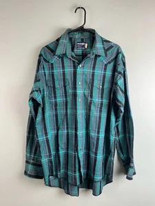 VTG Wrangler Cowboy Cut Shirt Pearl Snap Men 17 35 Western Teal Blue Plaid US - Picture 1 of 7