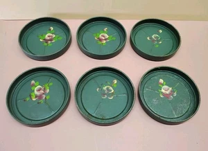 Vintage Green Metal Coasters Set of 6 Hand Painted Floral Mid-Century Tin Drink - Picture 1 of 7