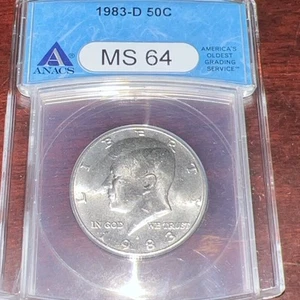 1983 D 50C Clad Uncirculated Kennedy Half Dollar ANACS MS64 K-1 - Bild 1 von 2