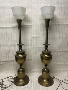 Matching Pair Vintage 33" Heavy Metal Gold Torchiere Table Lamps W/ Glass Shades - Picture 1 of 9