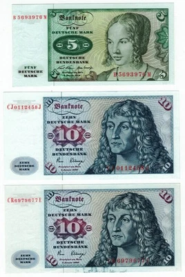Banknote Set 3 pcs Germany Federal Republic 5 Mark 1970 + 10 Mark 1980 in UNC - Image 1 of 2