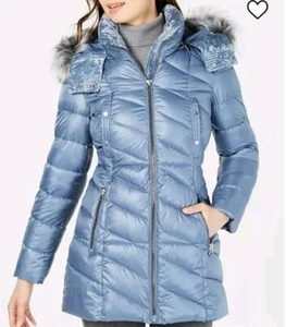 Marc New YorkVelvet-Trim Faux-Fur Hooded Puffer Coat Size L Light Blue - Picture 1 of 12