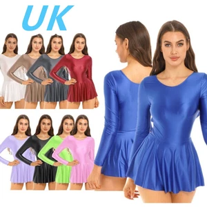 AU Womens Glossy Long Sleeve Mini Dress Silky Ruffled Leotard Pleated Dress - Picture 1 of 113