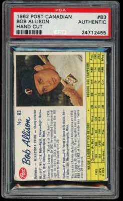 1962 Post Cereal Canadian #83 Bob Allison PSA 0 Auth Twins  (2455) - Image 1 of 2