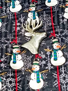 necktie DEERHEAD tie tack w/SNOWMEN on black snowflake 100% silk 1992 USA #20170 - Picture 1 of 11