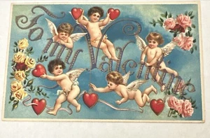 Postal de San Valentín en relieve Cupido Querubines Bailando en las nubes Corazones Alemania - Imagen 1 de 2
