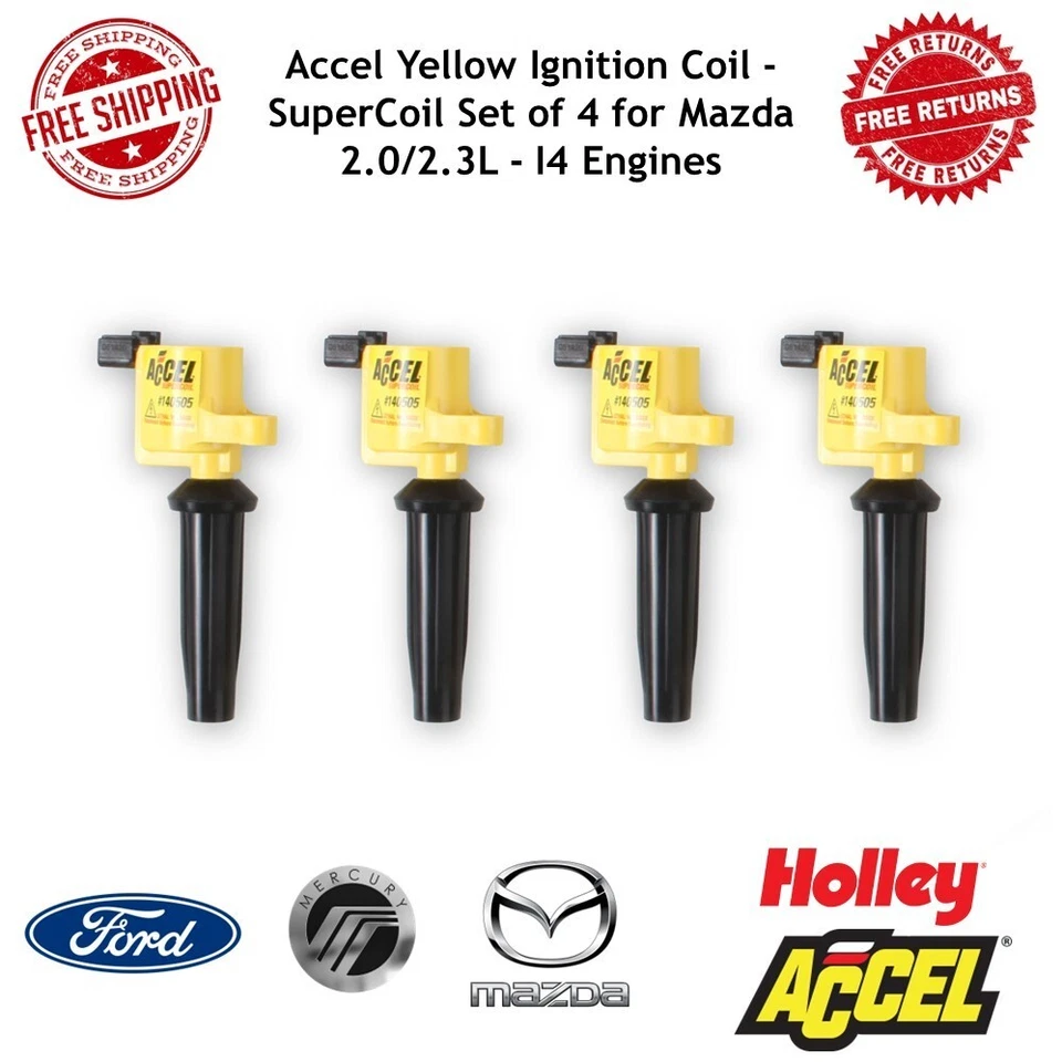 Желтая катушка зажигания Accel — набор из 4 суперкатушек для двигателей Mazda 2,0/2,3 л — I4 - Изображение 1 из 4