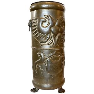 Umbrella Cane Stand Brass Lion Eagle Claw Feet 25” Heraldry Crest Vtg Antique
