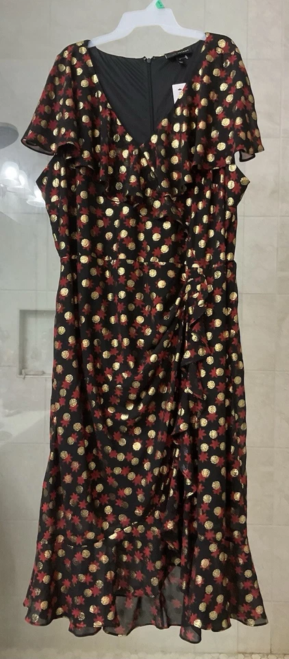 Maxi Vestido Lane Bryant Metálico Volantes Talla 24 Imitación Envoltura Negro Rojo Dorado *NUEVO CON ETIQUETAS* Foto 1 de 3