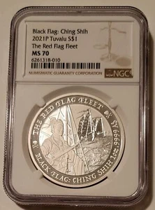 Tuvalu 2021 P 1 oz dollaro d'argento Ching Shih bandiera rossa flotta MS70 NGC basso come nuovo - Foto 1 di 2