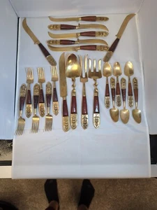Vintage Siam 22 pc Bronze and Wood Flatware and Serving Set - Picture 1 of 10