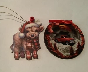CLEARANCE 2 Christmas Wooden Ornaments, Baby Bull 3x2In, RedPickup 3 In Diameter - Picture 1 of 4