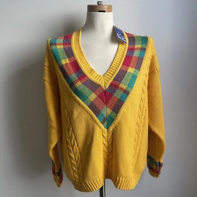 NWT Vintage 80s EP Pro Evan Picone Yellow Plaid Golf Sweater Medium V-Neck - Image 1 of 4