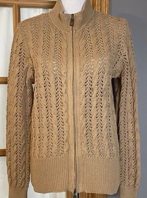 Suéter Liz Claiborne Para Mujer Cremallera Completa M Tostado Tejido Abierto Cuello Alto Informal Casa de Campo Foto 1 de 4