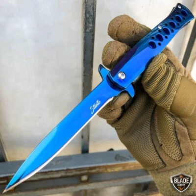 Lâmina de faca de bolso dobrável 9" azul tático Stiletto abertura assistida por mola NOVA - Imagem 1 de 4
