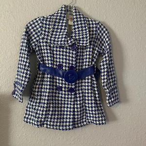 Girl Coat Size 8 Elegant Blue Checker Belted Button - Picture 1 of 5