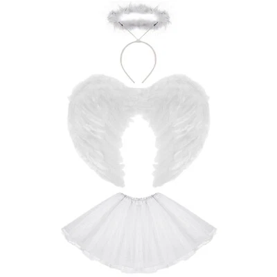 KRD LTD Kids White Angel Fairy Tutu Costume with Wings & Halo for Halloween Dress-Up