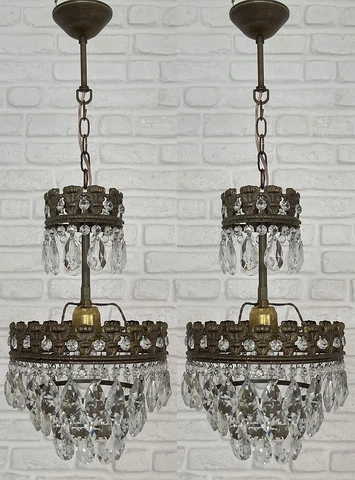 Matching Pair of Antique Vintage Brass & Crystals Small Chandelier Ceiling Lamp Cover