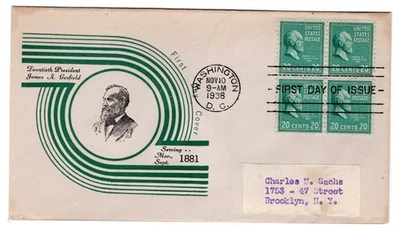 #825 Presidential Series 20c James Garfield 1938 FDC - Planty #25 Reich - Image 1 of 2