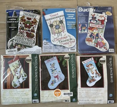 Lot of 6 Cross Stitch Christmas Stockings Dimensions / Bucilla / Design Works - Image 1 of 4