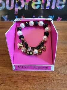 Neu Betsey Johnson goldfarben Charms Perlen schwarz Katze Herzen Stretch Armband  - Bild 1 von 7