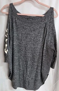EXPRESS Heathered Gray Cold Shoulder Top Relax Fit Small Contrast 90's Vtg - Picture 1 of 7