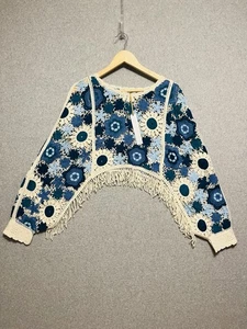 House Of Harlow 1960 Blue Crochet Knit Floral Fringe Poncho Sweater One Size - Picture 1 of 8