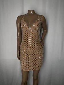 Oh Polly Womens Mini Dress Almond Beige Size 8 Ronja Embellished Plunge V-Neck - Picture 1 of 10