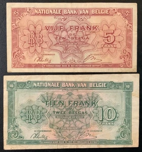 1943 BELGIUM PAPER MONEY - 5 & 10 FRANCS SET OF BANKNOTES! - Picture 1 of 2