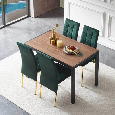 5-Piece Dining Set Including Blue Velvet High BackGolden Color LegsNordic Dining - Image 1 of 4