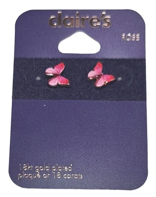 18k Gold Plated Butterfly Earrings By Claire's NEW Pink Stud Gorgeous Gift - Image 1 of 4