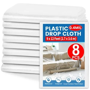 8 Pack Plastic Drop Cloth, 9 x 12 Feet Plastic Sheeting, Painter's Sheeting &... - Picture 1 of 7