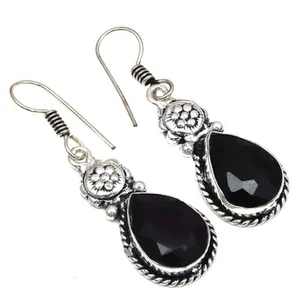 Black Spinal Gemstone Handmade Gift For Her Silver Jewelry Earrings 1.5" - Picture 1 of 7