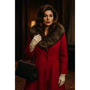 Cappotto lana rosso con collo pelliccia di volpe vintage anni 60 stile uomo pazzo - Foto 1 di 10