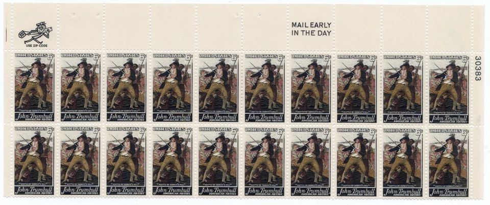 Scott #1361 Bunker Hill Trumbull Plate Block of 20 Stamps - MNH P#30383 UR - Image 1 of 1
