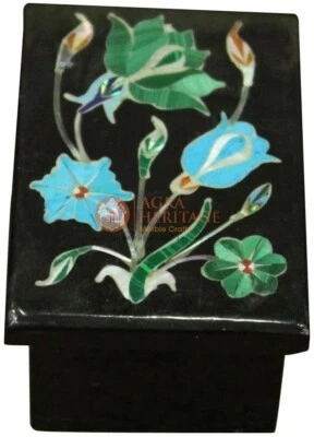 Black Marble Jewelry Storage Box Real Semi Precious Inlay Stone Housewarming Art - Image 1 of 4