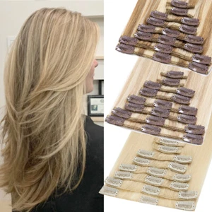 Extensiones de cabello humano 100% real Remy con clip CLERANCE cabeza completa 8 piezas RUBIO - Imagen 1 de 37