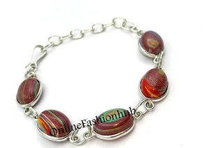 Rainbow Calsilica Gemstone 925 sterling silver plated Bezel Bracelet 8" jewelry - Picture 1 of 3