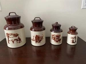 Rare McCoy Pottery Canister Set featuring Dairy Farm Scenes Brown Set of 4 Jars - Picture 1 of 11