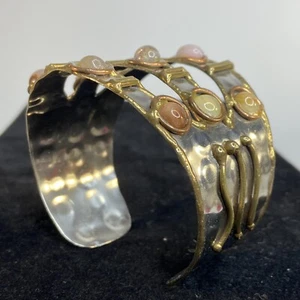 CUFF BRACELET Wide Hammered Silver Tone Brass Accent Faux Stones India - Bild 1 von 10