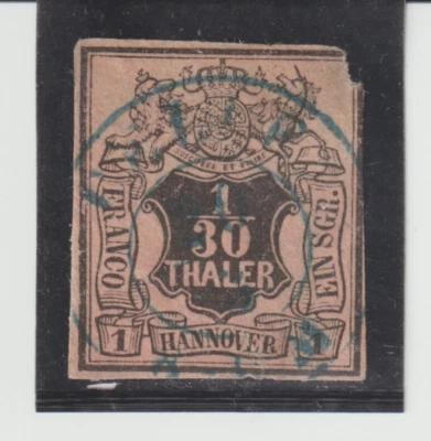 Germany-Hanover Stamp Scott# 3 Coat of Arms 1856-57 Used slight thin CV.$50.00 - Image 1 of 2