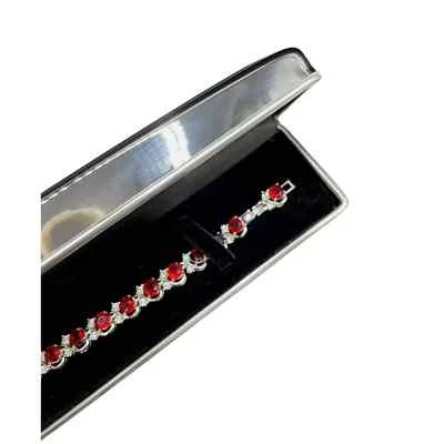 White Gold Finish Created Diamond Red Ruby Round cut Bracelet Gift Box Included - Image 1 of 4